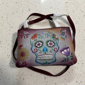 NWT Anuschka Sugar Skull Hand Painted Leather Handbag